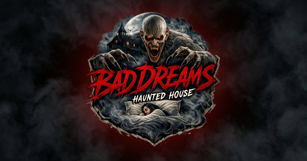 Bad Dreams Haunted House share card — a vampire creature clawing out of a torn nightmare, coming 2027 to Louisville